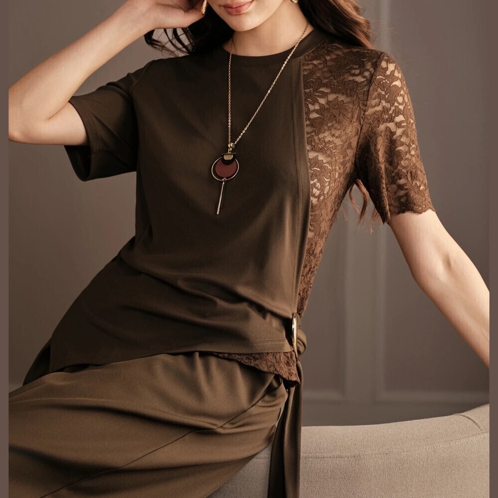Brown Lace Sleeve Colorblock Round Neck Long Knit T-Shirt Top